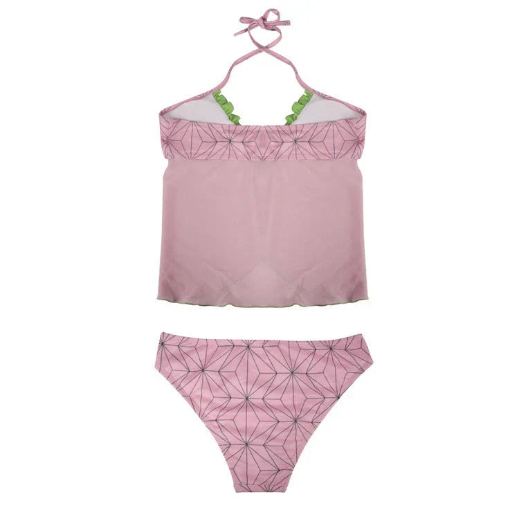 Demon Slayer Nezuko Kamado Two Piece Swimsuit, Anime Cosplay Tankini Bikini Set, Pink Geometric Pattern Halter Swimwear for Women, Anime Beach Bathing Suit