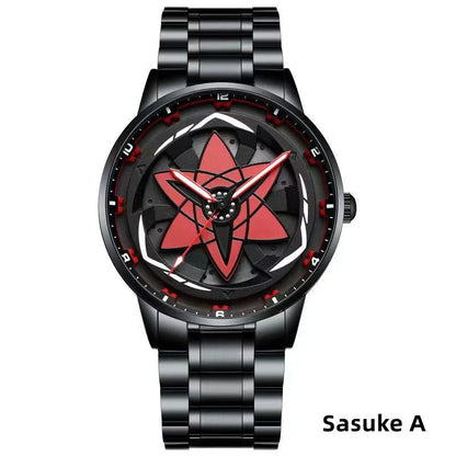Naruto Sharingan Anime Watch for Men, Uchiha Sasuke Madara Rotating Sharingan Dial Wrist Watch, Stainless Steel Band Quartz Watch, Anime Cosplay Accessory, Collectible Gift for Naruto Fans