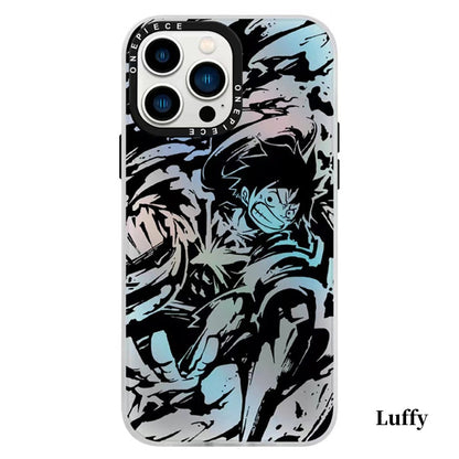 One Piece Anime Phone Case for iPhone, Luffy Zoro Manga Sketch Holographic Laser Phone Cover, Shockproof Protective Case, Cool Anime Design Cellphone Shell, Gift for One Piece Fans