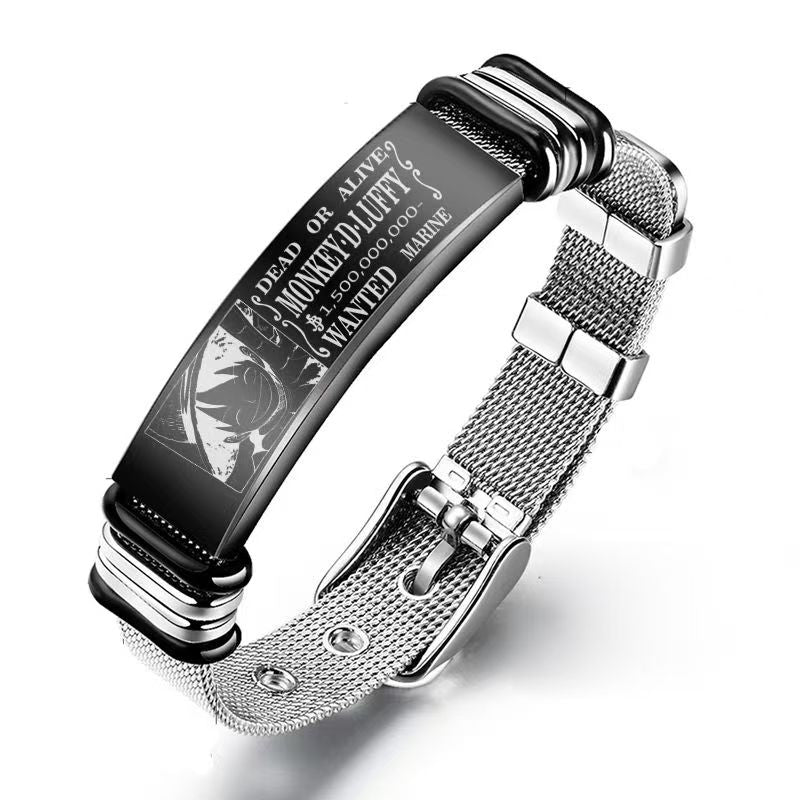 One Piece Monkey D. Luffy Roronoa Zoro Engraved Stainless Steel Mesh Bracelet Adjustable Wristband Anime Wanted Poster Jewelry Gift For Anime Fans