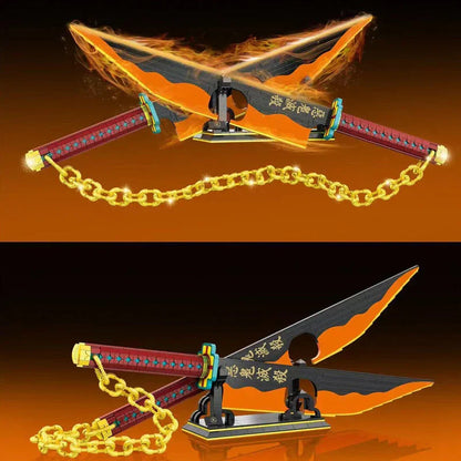 Demon Slayer Tengen Uzui Nichirin Sword Building Blocks Set, 1478Pcs Anime Double Blade Sword Model with Display Stand & Golden Chain, Interlocking Bricks Weapon Assembly Kit, Desktop Display Collectible Gift for Demon Slayer Fans