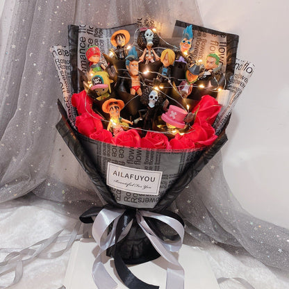 One Piece Figure Bouquet, Anime Luffy Zoro Sanji Chopper Figurine Bouquet with LED Fairy Lights, Artificial Rose Flower Gift Box, Birthday Valentine Anniversary Gift for Anime Fans
