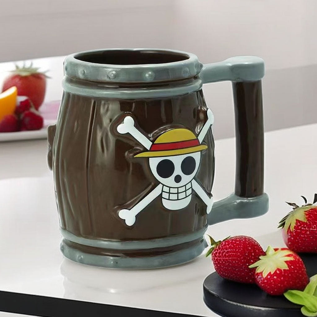 One Piece Pirate Barrel Ceramic Mug, 3D Skeleton Straw Hat Jolly Roger Coffee Cup, Pirate Barrel Shaped Beer Stein, Collectible Drinking Cup Gift for One Piece Fans