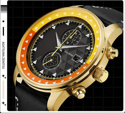 Demon Slayer Zenitsu Agatsuma Wrist Watch, Anime Zenitsu Themed Chronograph Quartz Watch, Leather Strap Analog Wristwatch, Collectible Watch Gift for Demon Slayer Fans