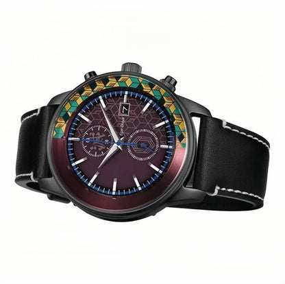 Demon Slayer Giyuu Tomioka Wrist Watch, Anime Giyuu Themed Chronograph Quartz Watch, Black Leather Strap Analog Wristwatch, Collectible Watch Gift for Demon Slayer Fans