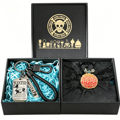 One Piece Monkey D Luffy Roronoa Zoro Portgas D Ace Trafalgar Law Gift Set, Anime Wanted Poster Keychain with Enamel Pin Brooch Collectible Box for Anime Fans