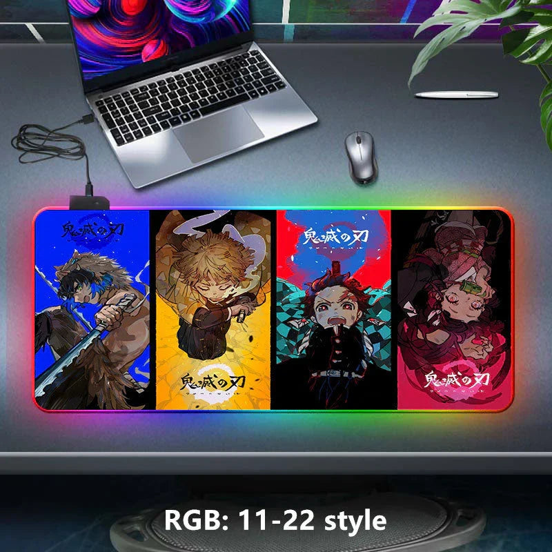 Demon Slayer RGB Gaming Mouse Pad, Large Extended Anime Desk Mat, LED Glowing Non-Slip Rubber Keyboard Pad, Multiple Nezuko Tanjiro Designs, Waterproof Desk Pad for PC Gamers