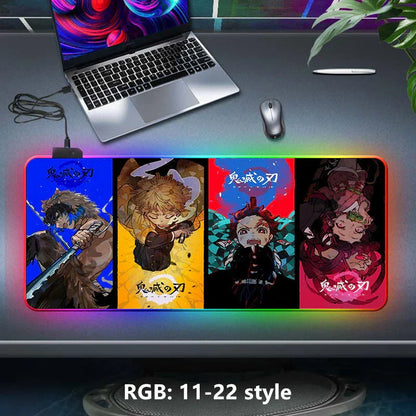 Demon Slayer RGB Gaming Mouse Pad, Large Extended Anime Desk Mat, LED Glowing Non-Slip Rubber Keyboard Pad, Multiple Nezuko Tanjiro Designs, Waterproof Desk Pad for PC Gamers