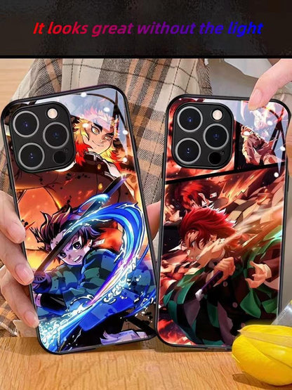`Demon Slayer Anime Light Up Phone Case, Smart Sound Activated Flash Glowing Glass Back Cover, Shockproof Protective Phone Case for iPhone, Anime Tanjiro Zenitsu Case Gift`