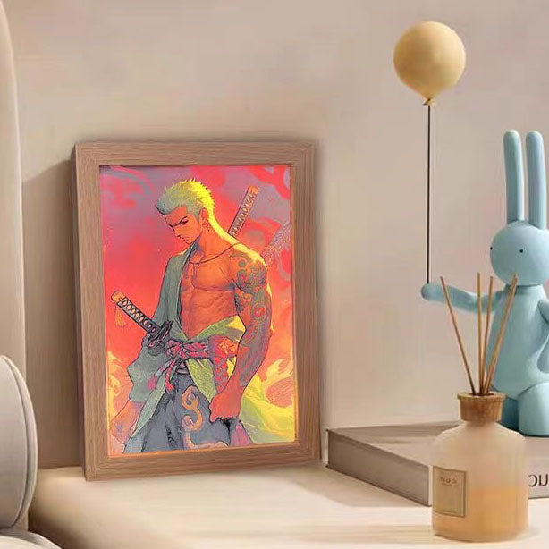 One Piece Anime LED Light Up Painting, Luffy Zoro Sanji Nami Framed Light Canvas Wall Art, Anime Poster Lamp, Wooden Frame Illuminated Wall Decor, One Piece Fan Room Decoration Gift