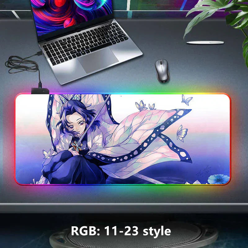 Demon Slayer RGB Gaming Mouse Pad, Large Extended Anime Desk Mat, LED Glowing Non-Slip Rubber Keyboard Pad, Multiple Nezuko Tanjiro Designs, Waterproof Desk Pad for PC Gamers