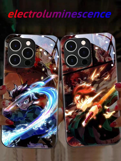 `Demon Slayer Anime Light Up Phone Case, Smart Sound Activated Flash Glowing Glass Back Cover, Shockproof Protective Phone Case for iPhone, Anime Tanjiro Zenitsu Case Gift`