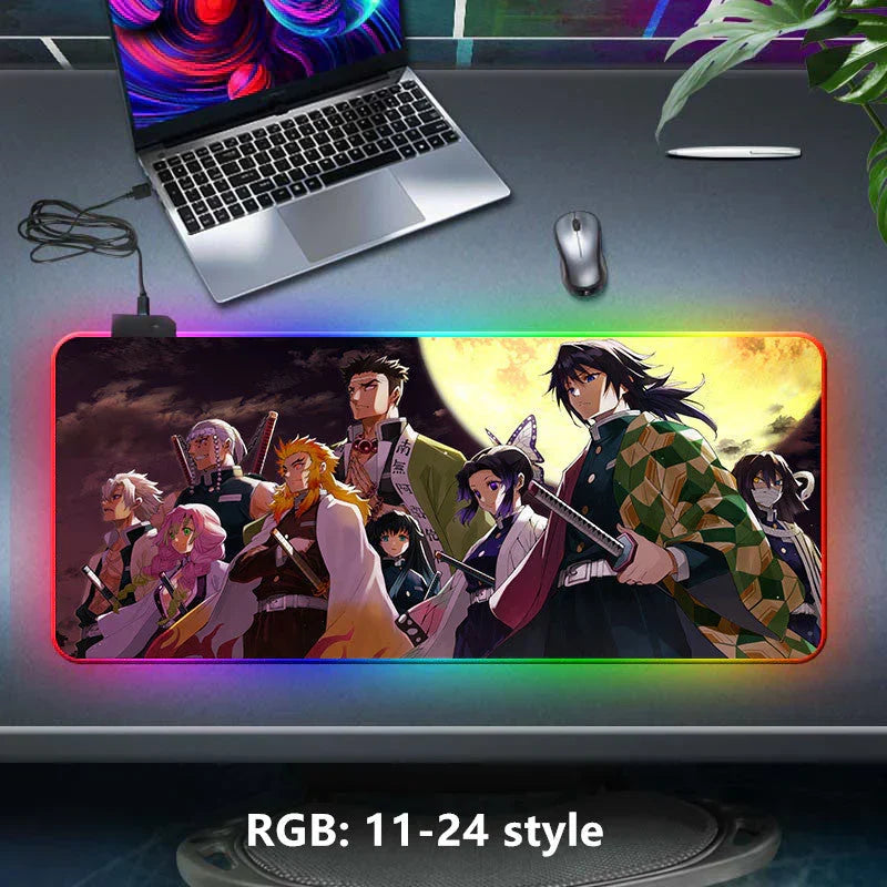 Demon Slayer RGB Gaming Mouse Pad, Large Extended Anime Desk Mat, LED Glowing Non-Slip Rubber Keyboard Pad, Multiple Nezuko Tanjiro Designs, Waterproof Desk Pad for PC Gamers