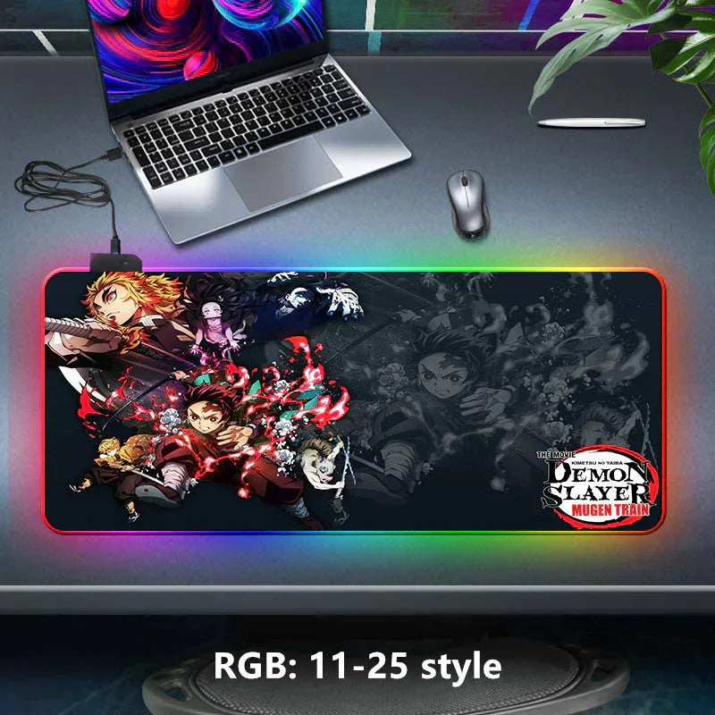 Demon Slayer RGB Gaming Mouse Pad, Large Extended Anime Desk Mat, LED Glowing Non-Slip Rubber Keyboard Pad, Multiple Nezuko Tanjiro Designs, Waterproof Desk Pad for PC Gamers