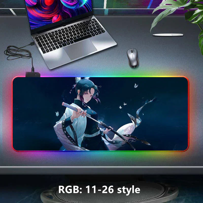 Demon Slayer RGB Gaming Mouse Pad, Large Extended Anime Desk Mat, LED Glowing Non-Slip Rubber Keyboard Pad, Multiple Nezuko Tanjiro Designs, Waterproof Desk Pad for PC Gamers