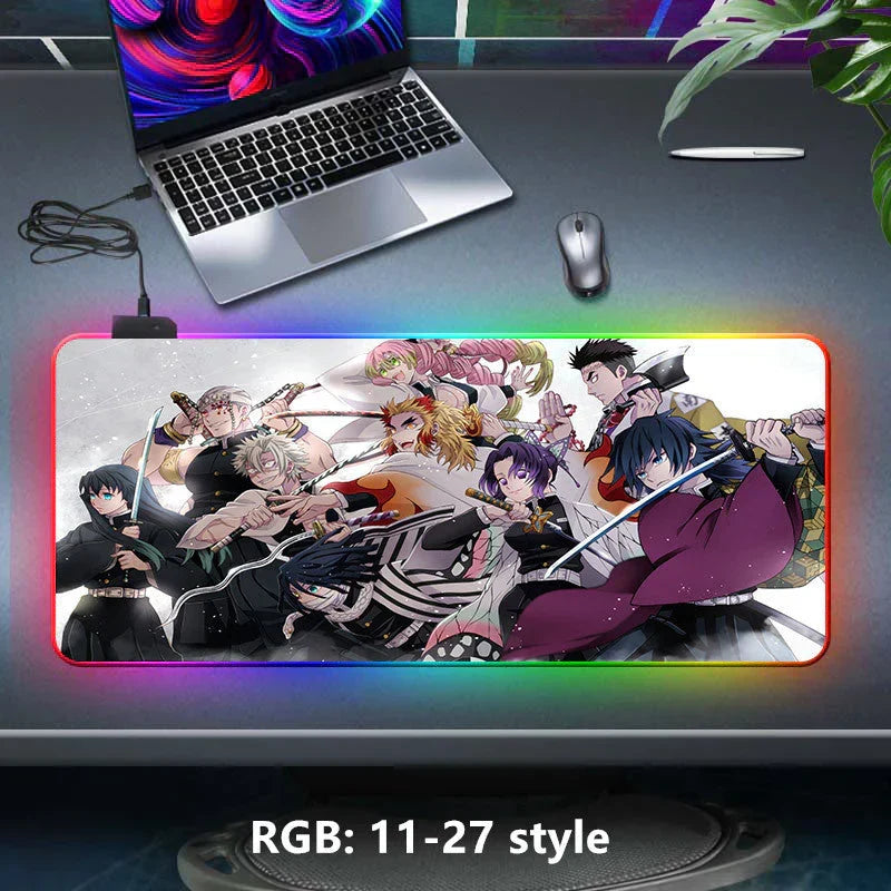 Demon Slayer RGB Gaming Mouse Pad, Large Extended Anime Desk Mat, LED Glowing Non-Slip Rubber Keyboard Pad, Multiple Nezuko Tanjiro Designs, Waterproof Desk Pad for PC Gamers