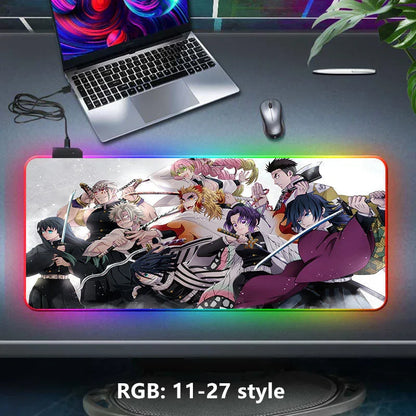 Demon Slayer RGB Gaming Mouse Pad, Large Extended Anime Desk Mat, LED Glowing Non-Slip Rubber Keyboard Pad, Multiple Nezuko Tanjiro Designs, Waterproof Desk Pad for PC Gamers