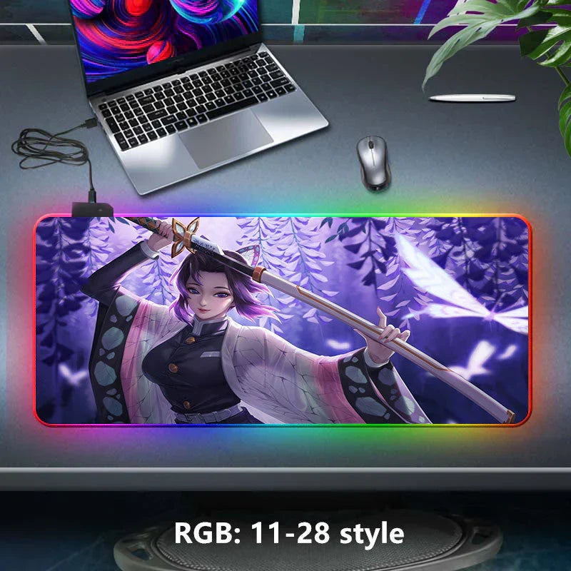 Demon Slayer RGB Gaming Mouse Pad, Large Extended Anime Desk Mat, LED Glowing Non-Slip Rubber Keyboard Pad, Multiple Nezuko Tanjiro Designs, Waterproof Desk Pad for PC Gamers