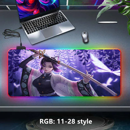 Demon Slayer RGB Gaming Mouse Pad, Large Extended Anime Desk Mat, LED Glowing Non-Slip Rubber Keyboard Pad, Multiple Nezuko Tanjiro Designs, Waterproof Desk Pad for PC Gamers