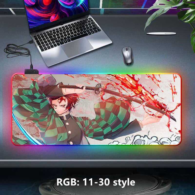 Demon Slayer RGB Gaming Mouse Pad, Large Extended Anime Desk Mat, LED Glowing Non-Slip Rubber Keyboard Pad, Multiple Nezuko Tanjiro Designs, Waterproof Desk Pad for PC Gamers