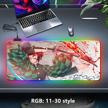 Demon Slayer RGB Gaming Mouse Pad, Large Extended Anime Desk Mat, LED Glowing Non-Slip Rubber Keyboard Pad, Multiple Nezuko Tanjiro Designs, Waterproof Desk Pad for PC Gamers