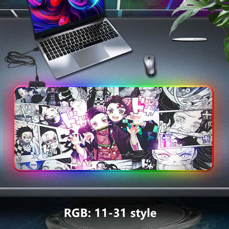 Demon Slayer RGB Gaming Mouse Pad, Large Extended Anime Desk Mat, LED Glowing Non-Slip Rubber Keyboard Pad, Multiple Nezuko Tanjiro Designs, Waterproof Desk Pad for PC Gamers