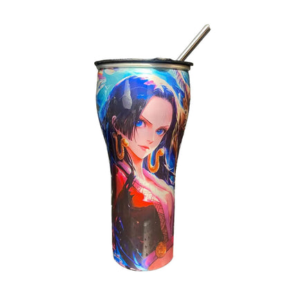 One Piece Anime Tumbler with Straw, Stainless Steel Insulated Travel Cup, Luffy Zoro Nami Wanted Poster Design Coffee Mug, Leak Proof Reusable Water Bottle, One Piece Merch Gift for Anime Fans