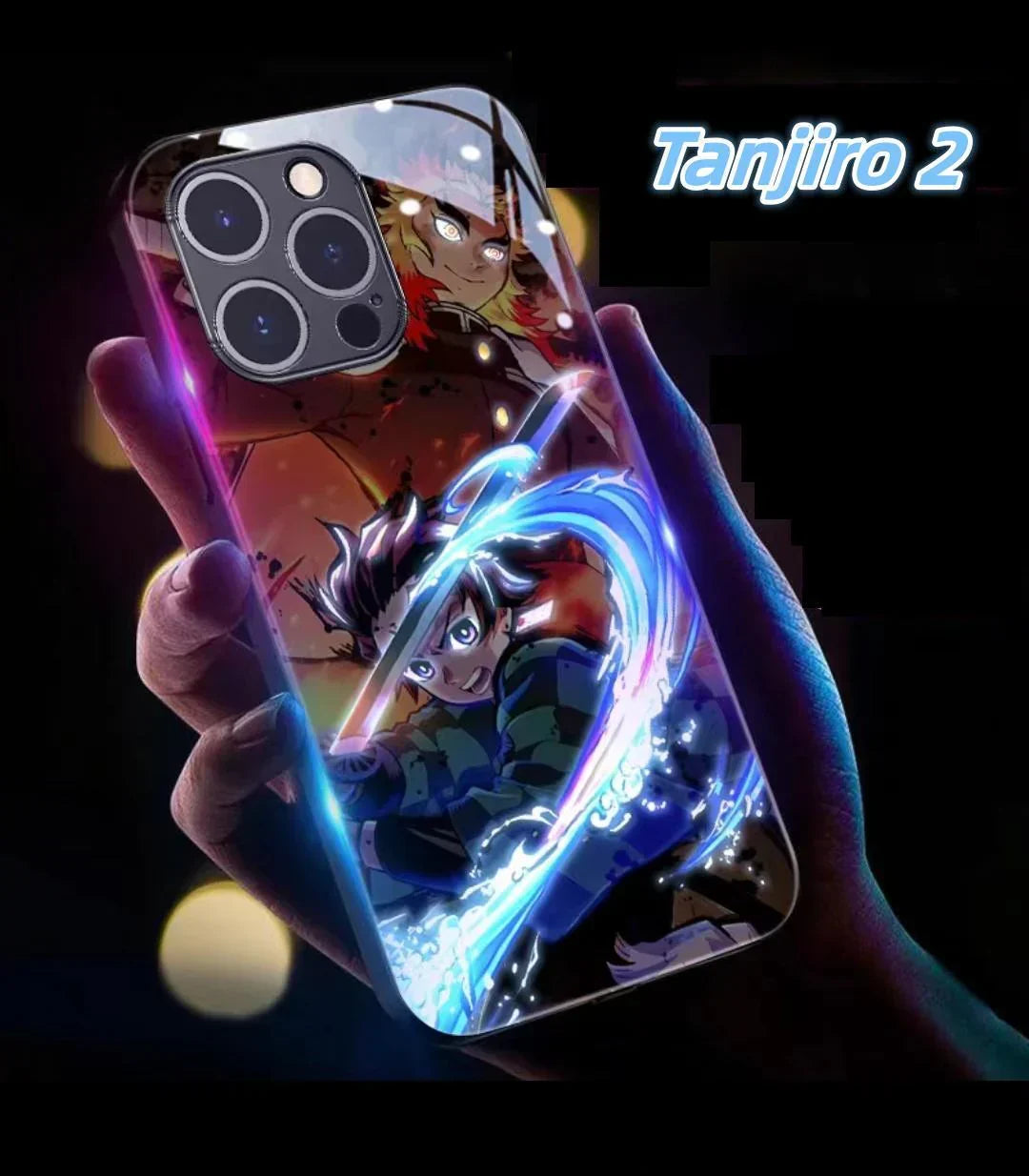 `Demon Slayer Anime Light Up Phone Case, Smart Sound Activated Flash Glowing Glass Back Cover, Shockproof Protective Phone Case for iPhone, Anime Tanjiro Zenitsu Case Gift`