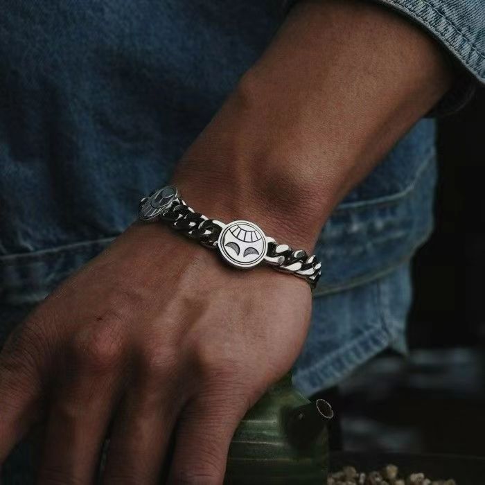 One Piece Anime Cuban Link Chain Bracelet, Vintage Antique Silver Luffy Coin Charm Wristband, Punk Toggle Clasp Bracelet, Men Hip Hop Retro Metal Bracelet, One Piece Fan Jewelry Birthday Gift