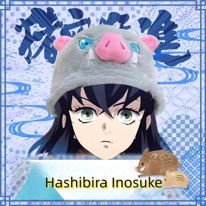 Demon Slayer Inosuke Hashibira Plush Bucket Hat, Kimetsu No Yaiba Boar Mask Anime Fisherman Hat, Cute 3D Character Cosplay Hat, Anime Fan Collectible Costume Accessory Gift