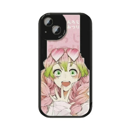 Demon Slayer Mitsuri Kanroji Anime Phone Case, Love Hashira Pink Cartoon Print Sheepskin Texture Soft Shockproof Protective Phone Cover, Cute Anime Phone Shell for iPhone, Kimetsu no Yaiba Merch Gift for Fans