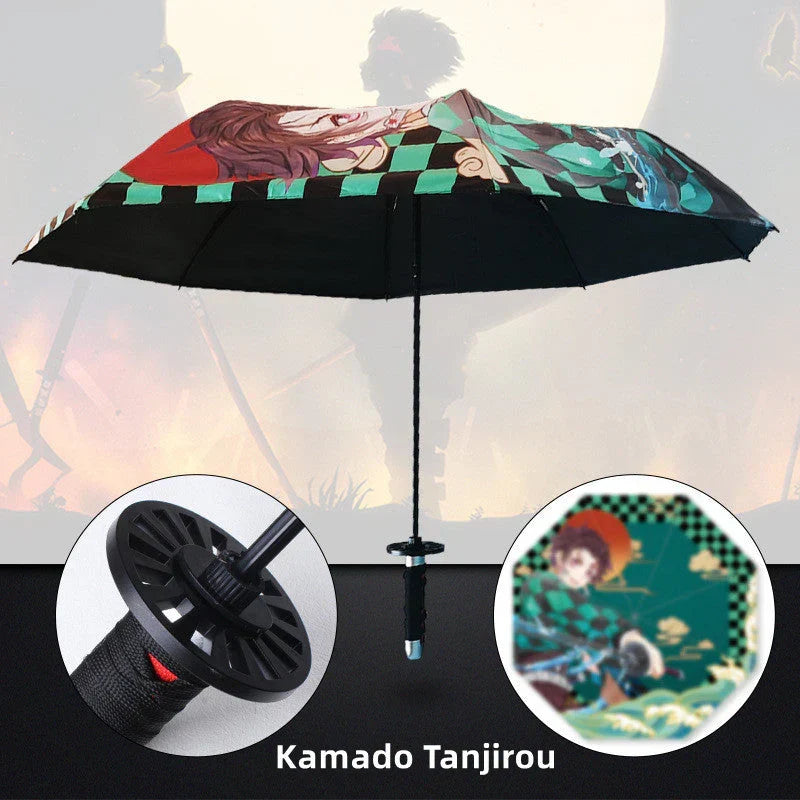 Demon Slayer Anime Katana Sword Umbrella, Nichirin Sword Shape Handle Folding Umbrella, Tanjiro Rengoku Shinobu Giyuu Printed Sun Rain Umbrella, Demon Slayer Merch Cosplay Gift for Anime Fans
