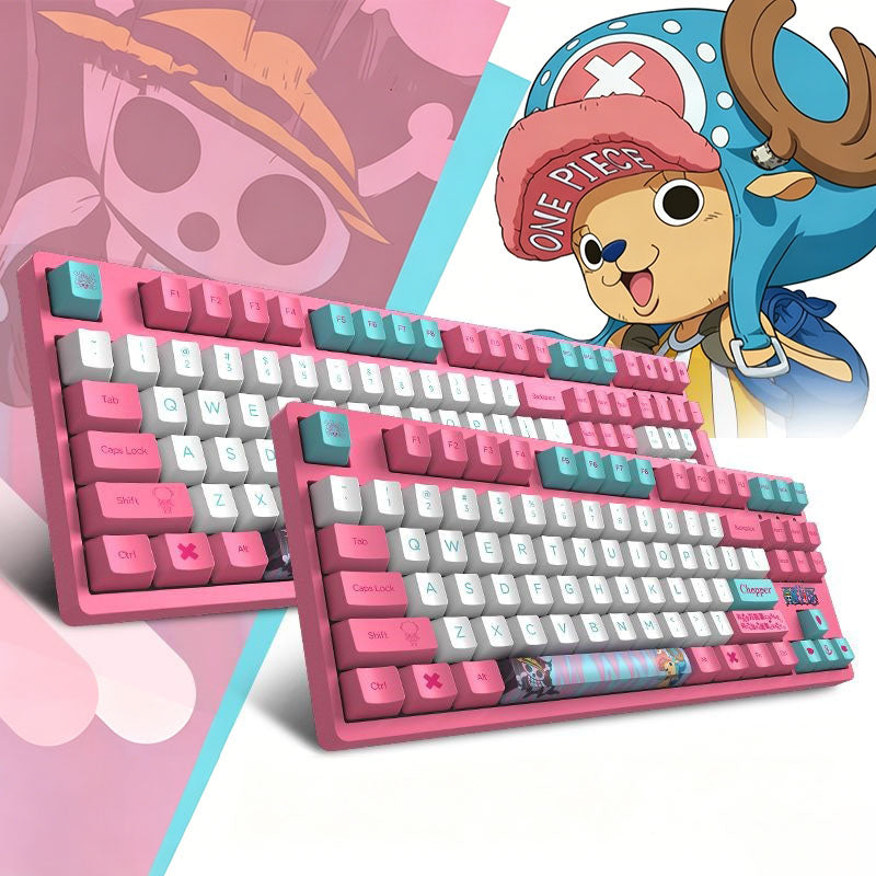 One Piece Chopper Mechanical Keyboard, Pink Anime Themed 104 Keys Full Size Wired Gaming Keyboard, PBT Custom Anime Keycaps Mechanical Keyboard for PC Laptop Desktop Gamers One Piece Fans