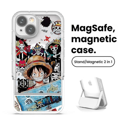 One Piece Luffy Anime Magnetic Phone Case with Built-in Foldable Kickstand, MagSafe Compatible Shockproof Protective Cover, Transparent Cartoon Luffy Print Phone Case, Anime Merch Gift for iPhone