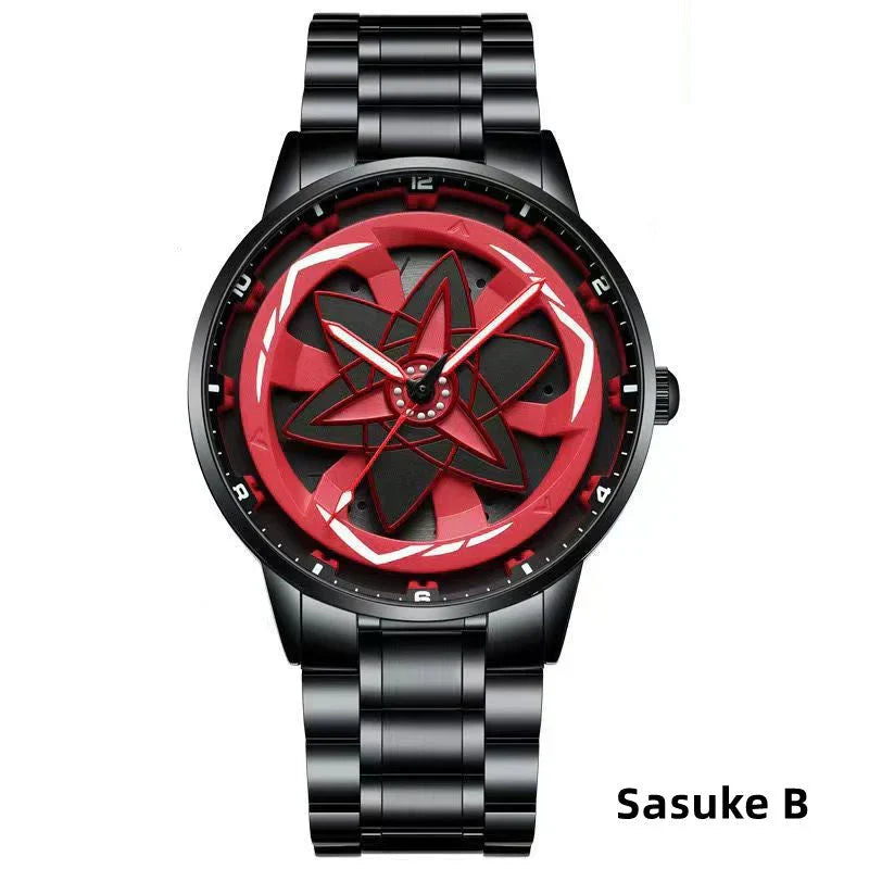 Naruto Sharingan Anime Watch for Men, Uchiha Sasuke Madara Rotating Sharingan Dial Wrist Watch, Stainless Steel Band Quartz Watch, Anime Cosplay Accessory, Collectible Gift for Naruto Fans
