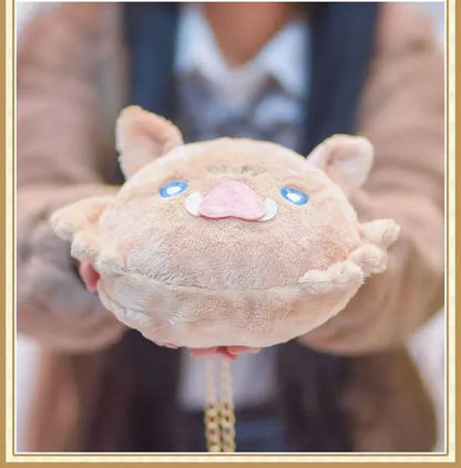 Demon Slayer Inosuke Hashibira Plush Crossbody Bag, Kimetsu No Yaiba Boar Mask Cute Plush Purse, Anime Character Chain Shoulder Bag, Small Zipper Coin Bag Collectible Gift for Demon Slayer Fans