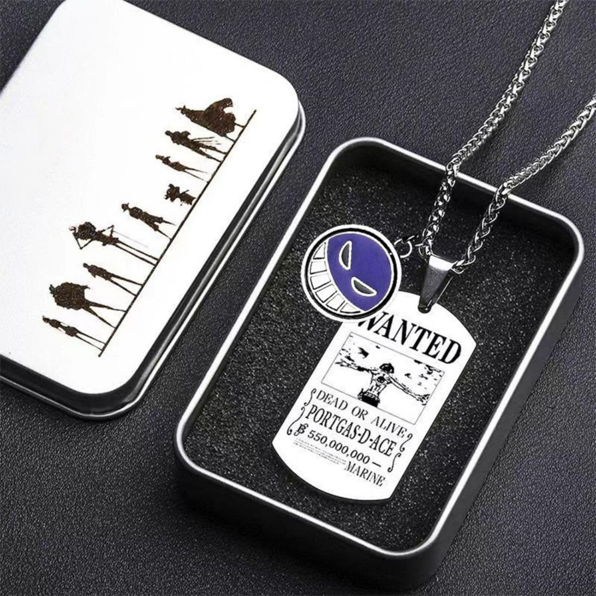 One Piece Portgas D Ace Necklace, Ace Spinning Pendant with Wanted Poster Dog Tag, Anime Whitebeard Pirates Enamel Rotatable Charm Necklace, Cosplay Jewelry Gift for One Piece Fans