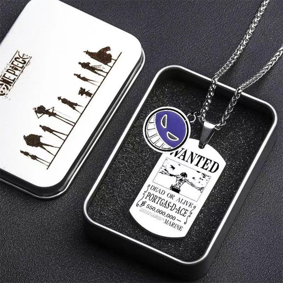 One Piece Portgas D. Ace Rotatable Pendant Necklace, Stainless Steel Dog Tag Wanted Poster Necklace Anime Jewelry Gift For Collection Fans