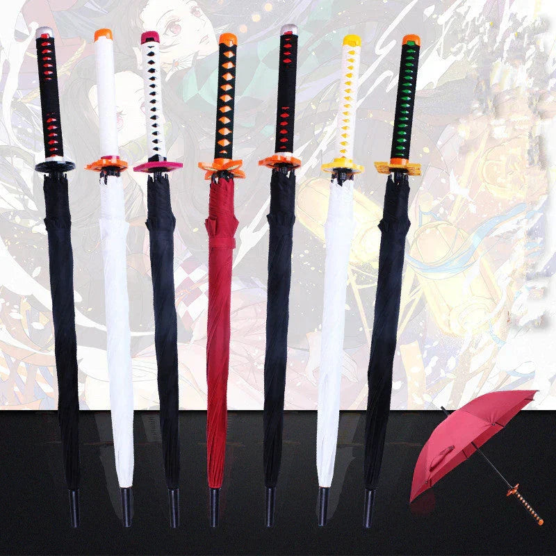 Demon Slayer Nichirin Sword Umbrella, Anime Katana Shaped Long Handle Umbrella, Tanjiro Zenitsu Giyuu Rengoku Samurai Sword Umbrella, Cosplay Prop Rain Sun Umbrella, Anime Collectible Gift for Fans