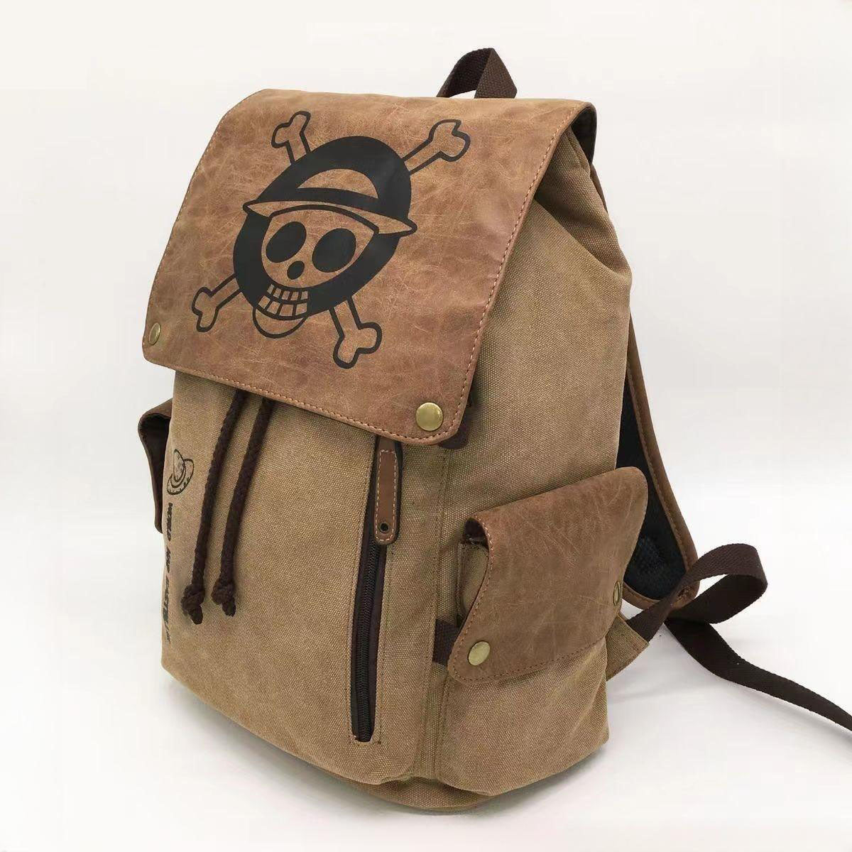 One Piece Straw Hat Pirates Skull Logo Canvas Backpack, Vintage Anime Flap Drawstring Rucksack, Large Capacity School Laptop Bookbag, Casual Travel Daypack, Anime Collectible Gift for One Piece Fans