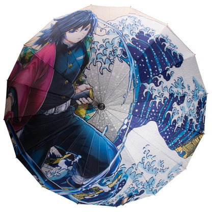Demon Slayer Anime Katana Sword Umbrella, Nichirin Sword Shape Long Handle Umbrella, Tanjiro Zenitsu Rengoku Printed Sun Rain Stick Umbrella with Shoulder Strap, Demon Slayer Cosplay Merch Gift for Anime Fans