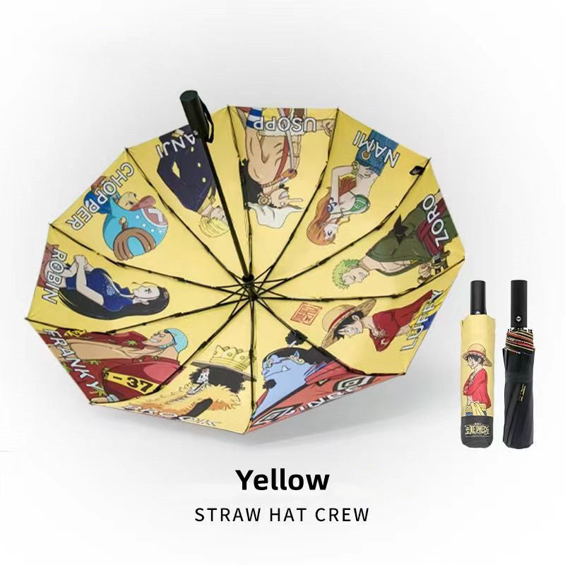 One Piece Anime Folding Umbrella, Luffy Straw Hat Crew Print Sun Rain Umbrella, Inner Cartoon Pattern Portable Auto Open Close Umbrella, UV Protection Parasol, Anime Merch Gift for One Piece Fans
