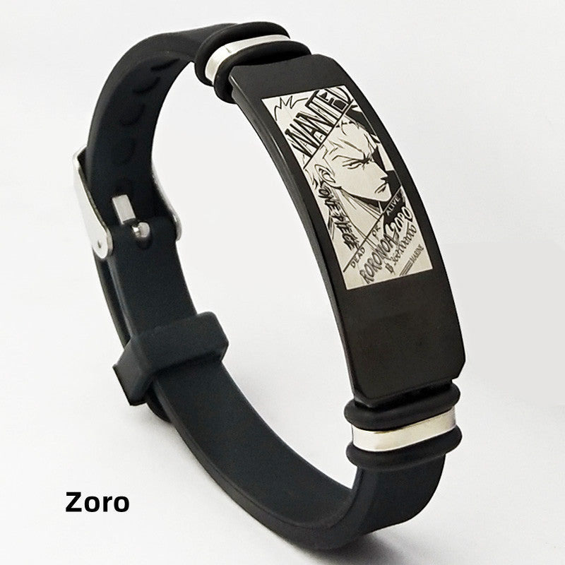 One Piece Anime Bracelet, Wanted Poster Engraved Silicone Wristband, Adjustable Stainless Steel Tag Bracelet, Luffy Zoro Ace Sabo Nami Sanji Chopper Cosplay Jewelry Gift for One Piece Fans