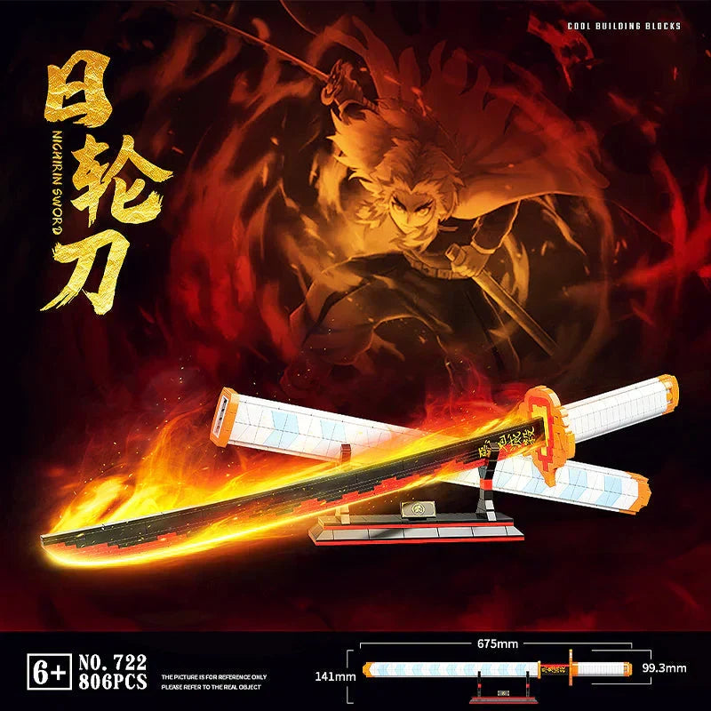 Demon Slayer Nichirin Sword Building Block Set, Rengoku Kyojuro Katana Model with Stand, Anime Samurai Blade Bricks Kit, DIY Assembly Collectible Display Toy Gift for Demon Slayer Fans