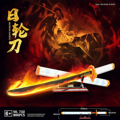 Demon Slayer Nichirin Sword Building Block Set, Rengoku Kyojuro Katana Model with Stand, Anime Samurai Blade Bricks Kit, DIY Assembly Collectible Display Toy Gift for Demon Slayer Fans