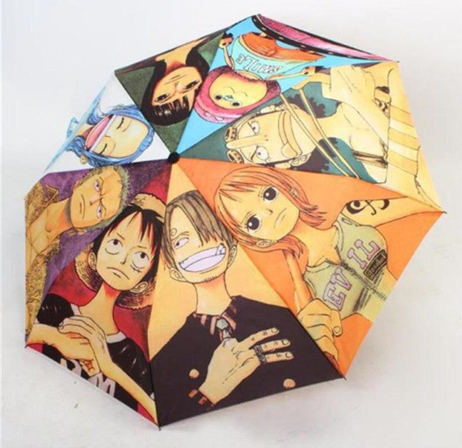One Piece Anime Folding Umbrella, Straw Hat Crew Luffy Zoro Nami Sanji Compact Portable Travel Umbrella, UV Protection Sun Rain Dual Use Windproof Foldable Umbrella, Anime Merch Gift for One Piece Fans