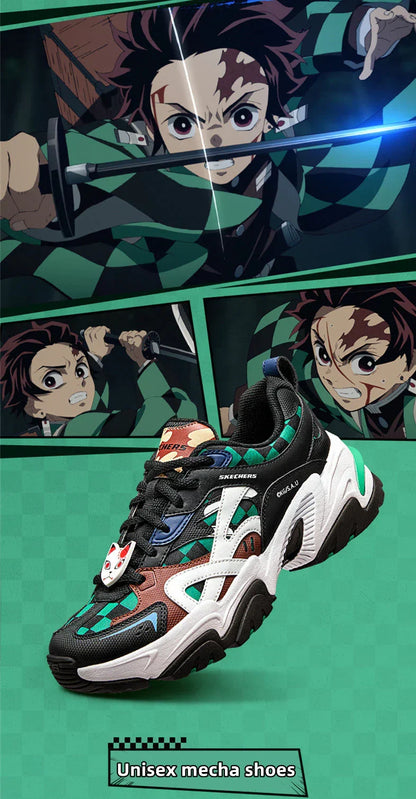 Demon Slayer Tanjiro Anime Sneakers, Green Checkered Cosplay Shoes, Men Women Chunky Casual Running Footwear, Anime Themed Streetwear Athletic Shoes, Gift for Demon Slayer Fans