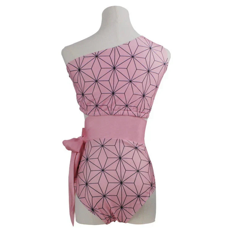 Demon Slayer Nezuko Kamado One Piece Swimsuit, Anime Cosplay One Shoulder Bathing Suit, Pink Geometric Pattern Belted Swimwear for Women, Summer Beach Swimming Costume