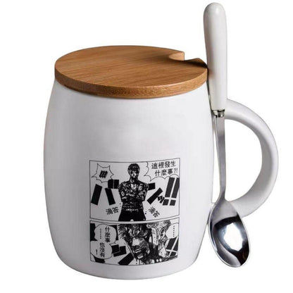 One Piece Anime Manga Panel Ceramic Mug with Bamboo Lid & Spoon, Black White Comic Print Coffee Cup, Large Capacity Drinking Mug, Anime Fan Desktop Decor Collectible Gift for One Piece Fans