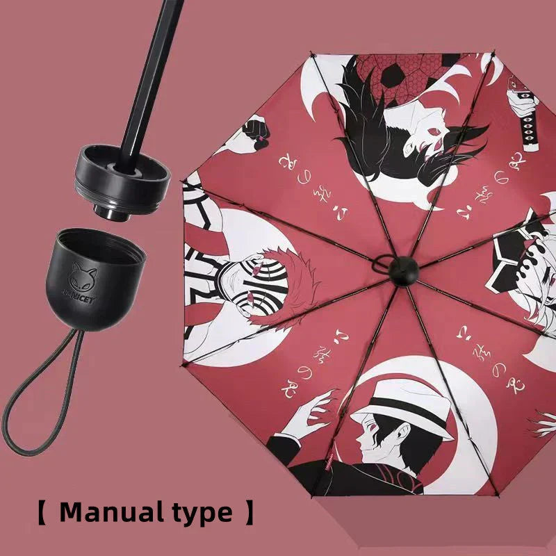 Demon Slayer Anime Folding Umbrella, Tanjiro Nezuko Zenitsu Inosuke Print Portable Compact Travel Umbrella, Sun Rain Protection Windproof Manual Umbrella with Metal Handle, Demon Slayer Fan Merch Gift
